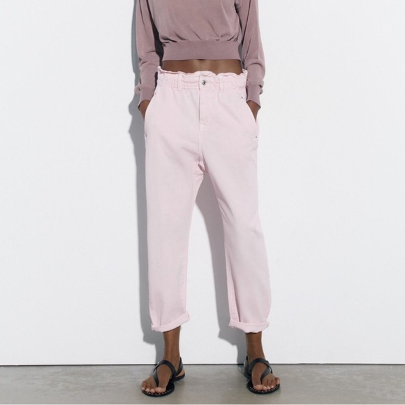 Zara Baggy Paperbag High Waist Pink Denim - Picture 1 of 6